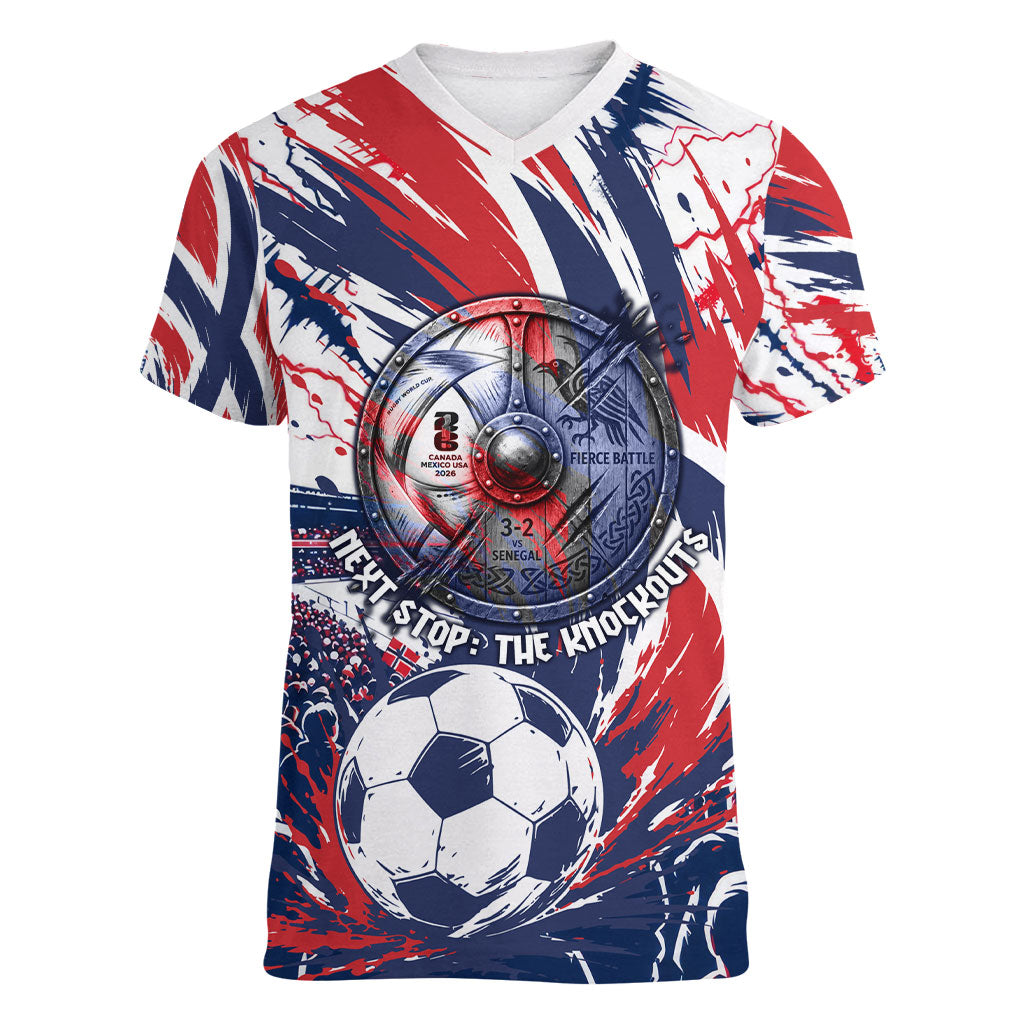 Norway Football From The Fjords To The World Women V-Neck T-Shirt Viking Shield Paint Splatter Soccer Team