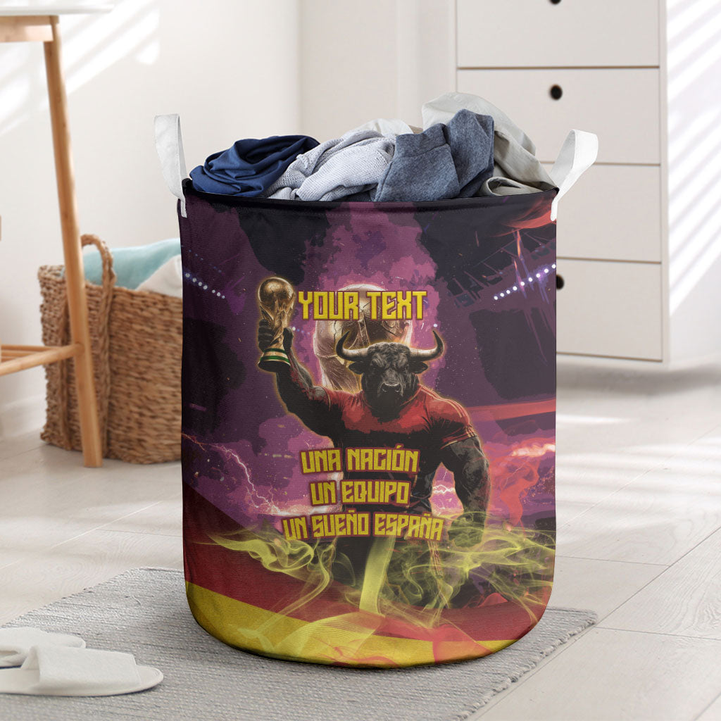 Personalized Spain Football Bull Mascot Laundry Basket Spanish Pride Champion Trophy Graphic Art