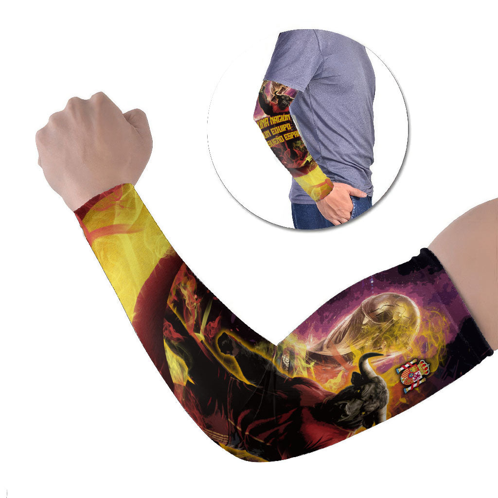 Personalized Spain Football Bull Mascot Arm Sleeves Spanish Pride Champion Trophy Graphic Art