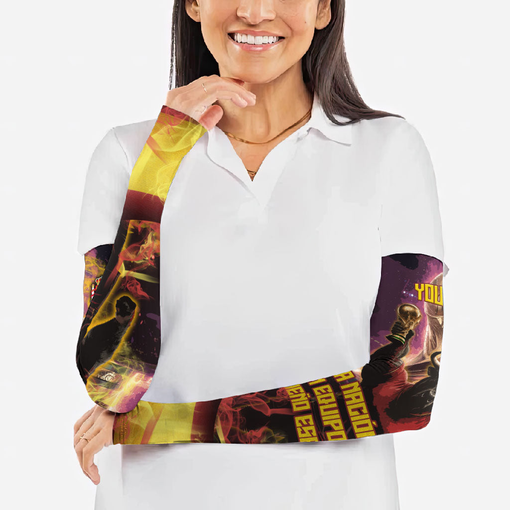 Personalized Spain Football Bull Mascot Arm Sleeves Spanish Pride Champion Trophy Graphic Art