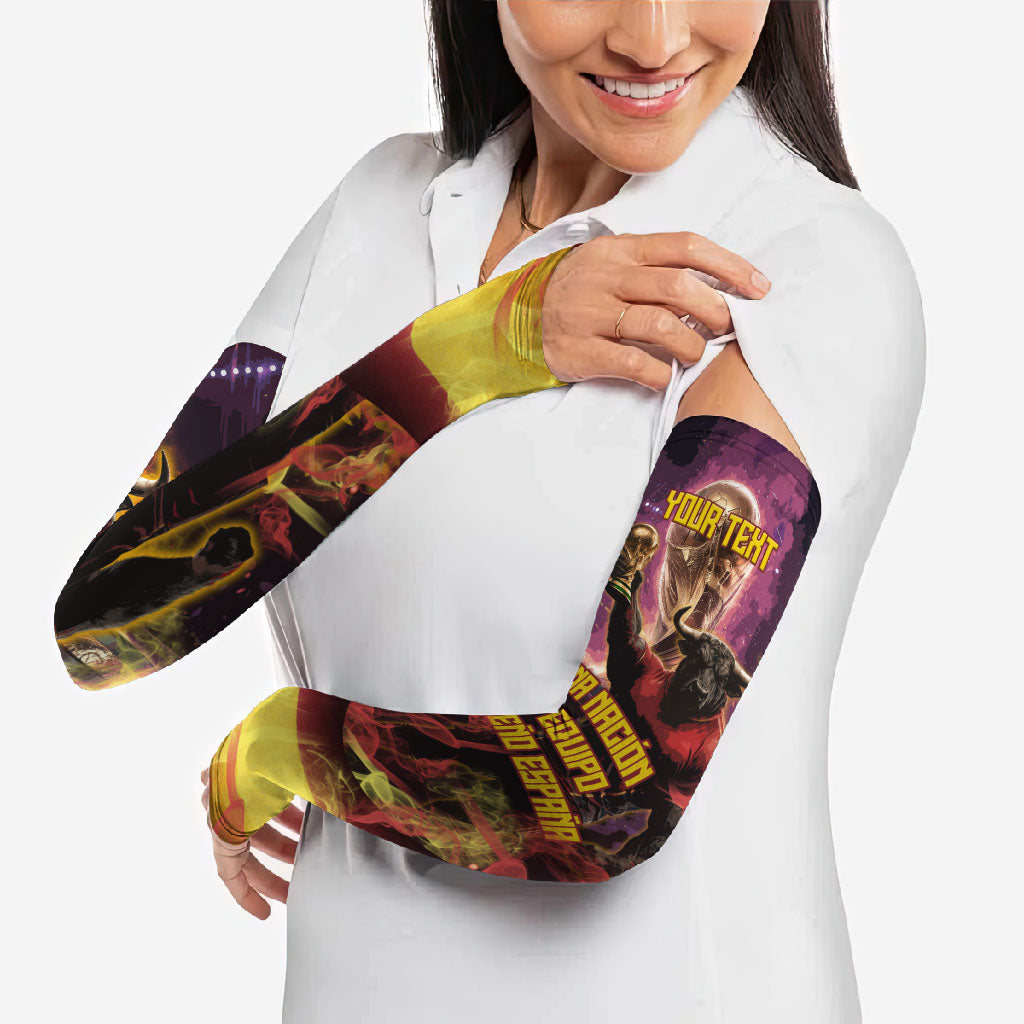 Personalized Spain Football Bull Mascot Arm Sleeves Spanish Pride Champion Trophy Graphic Art