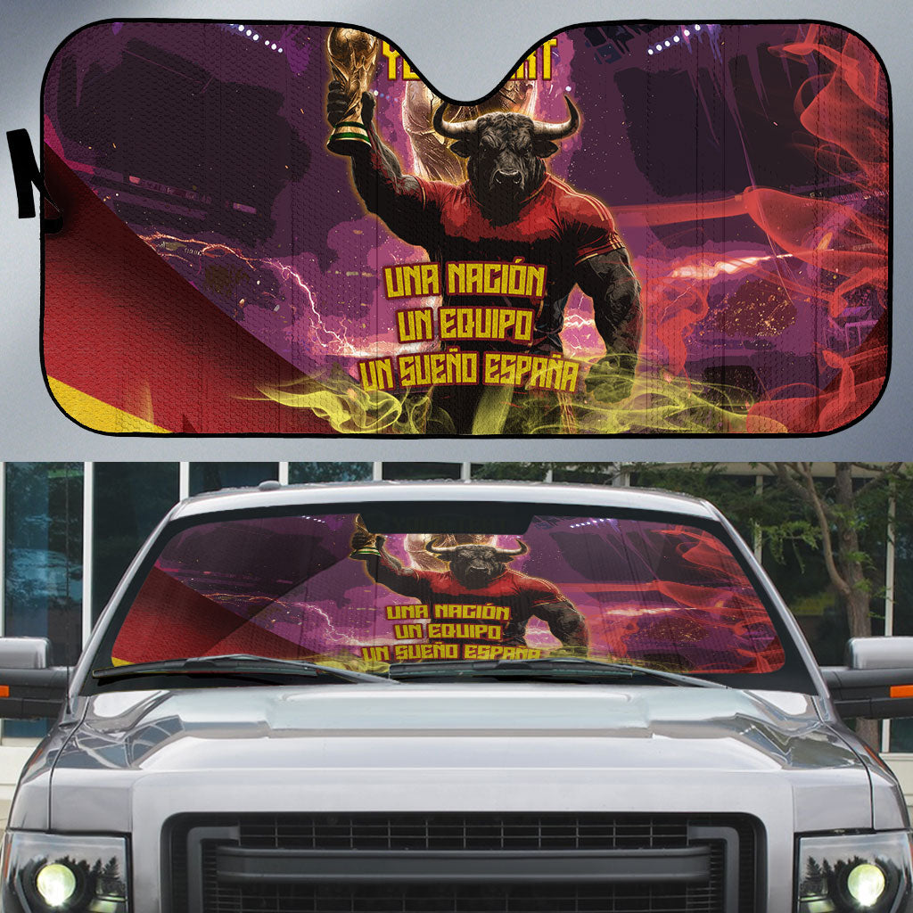 Personalized Spain Football Bull Mascot Auto Sun Shade Spanish Pride Champion Trophy Graphic Art