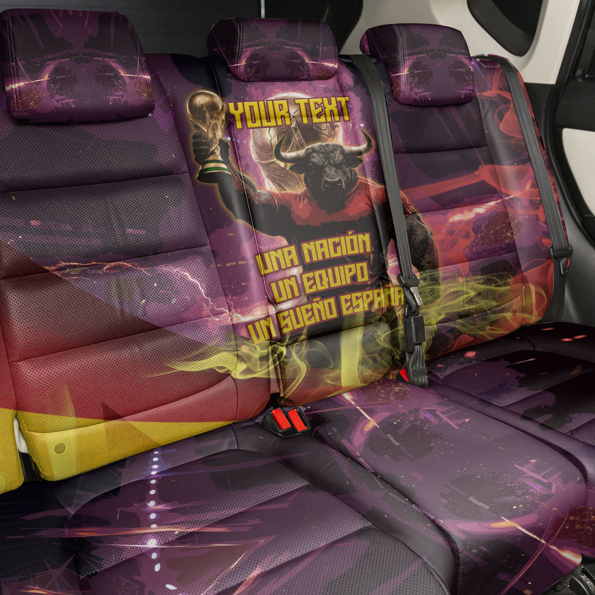 Personalized Spain Football Bull Mascot Back Car Seat Cover Spanish Pride Champion Trophy Graphic Art