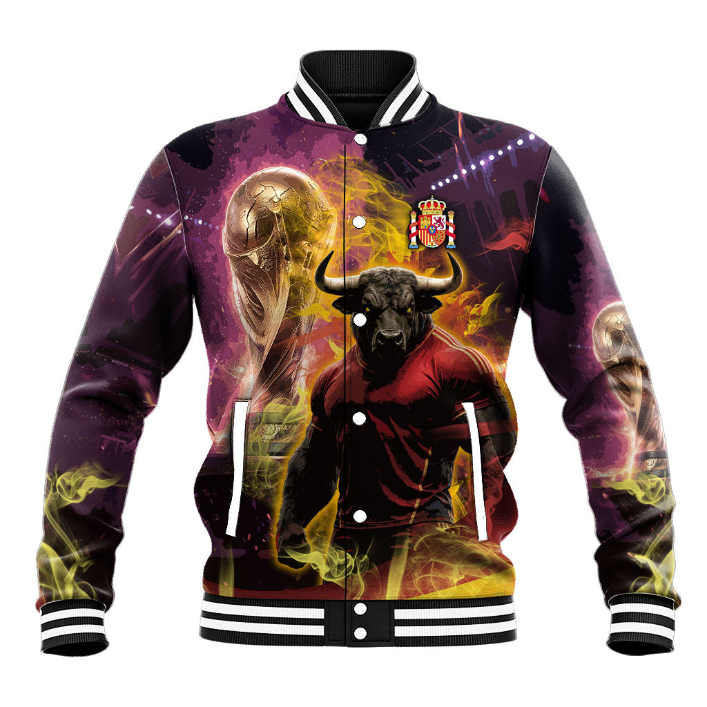 Personalized Spain Football Bull Mascot Baseball Jacket Spanish Pride Champion Trophy Graphic Art