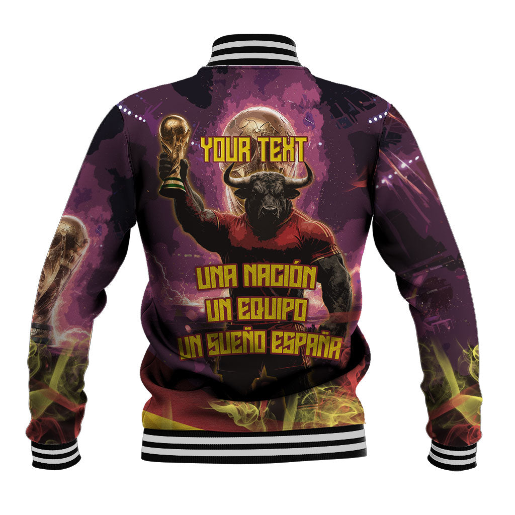 Personalized Spain Football Bull Mascot Baseball Jacket Spanish Pride Champion Trophy Graphic Art