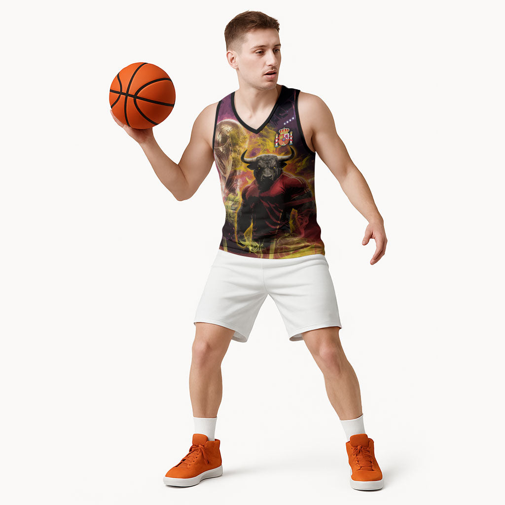 Personalized Spain Football Bull Mascot Basketball Jersey Spanish Pride Champion Trophy Graphic Art