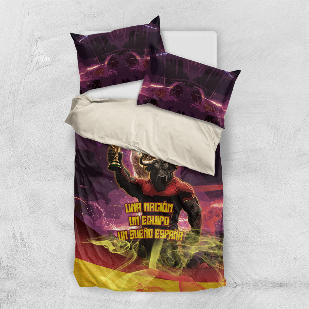 Personalized Spain Football Bull Mascot Bedding Set Spanish Pride Champion Trophy Graphic Art