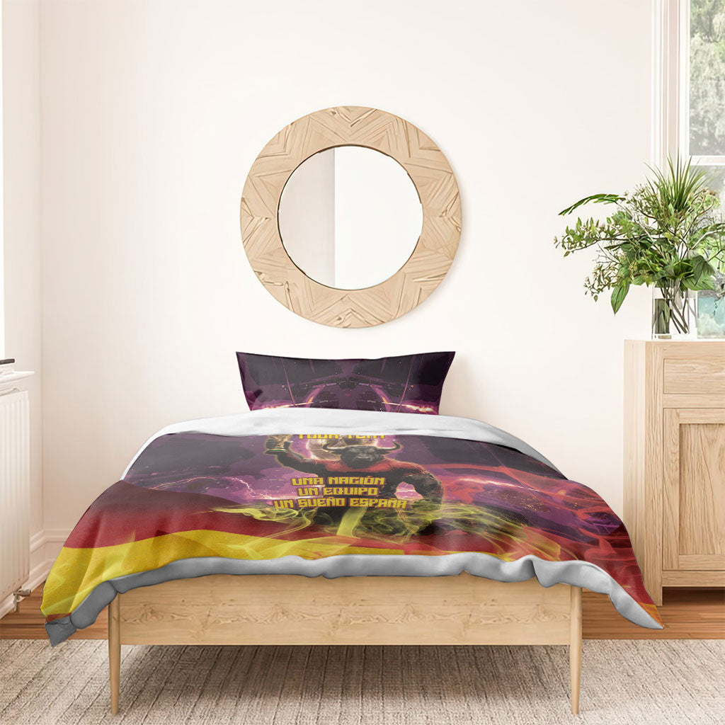 Personalized Spain Football Bull Mascot Bedding Set Spanish Pride Champion Trophy Graphic Art