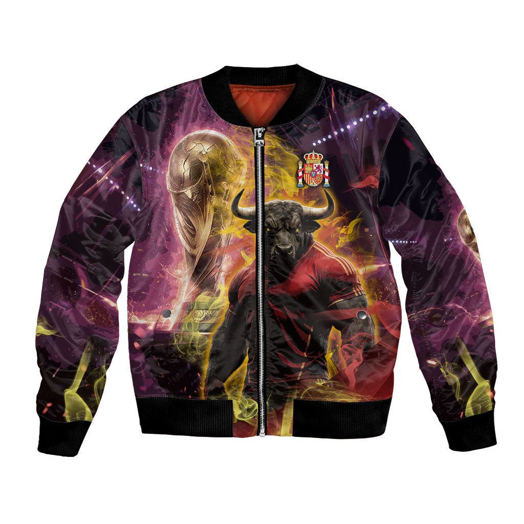 Personalized Spain Football Bull Mascot Bomber Jacket Spanish Pride Champion Trophy Graphic Art