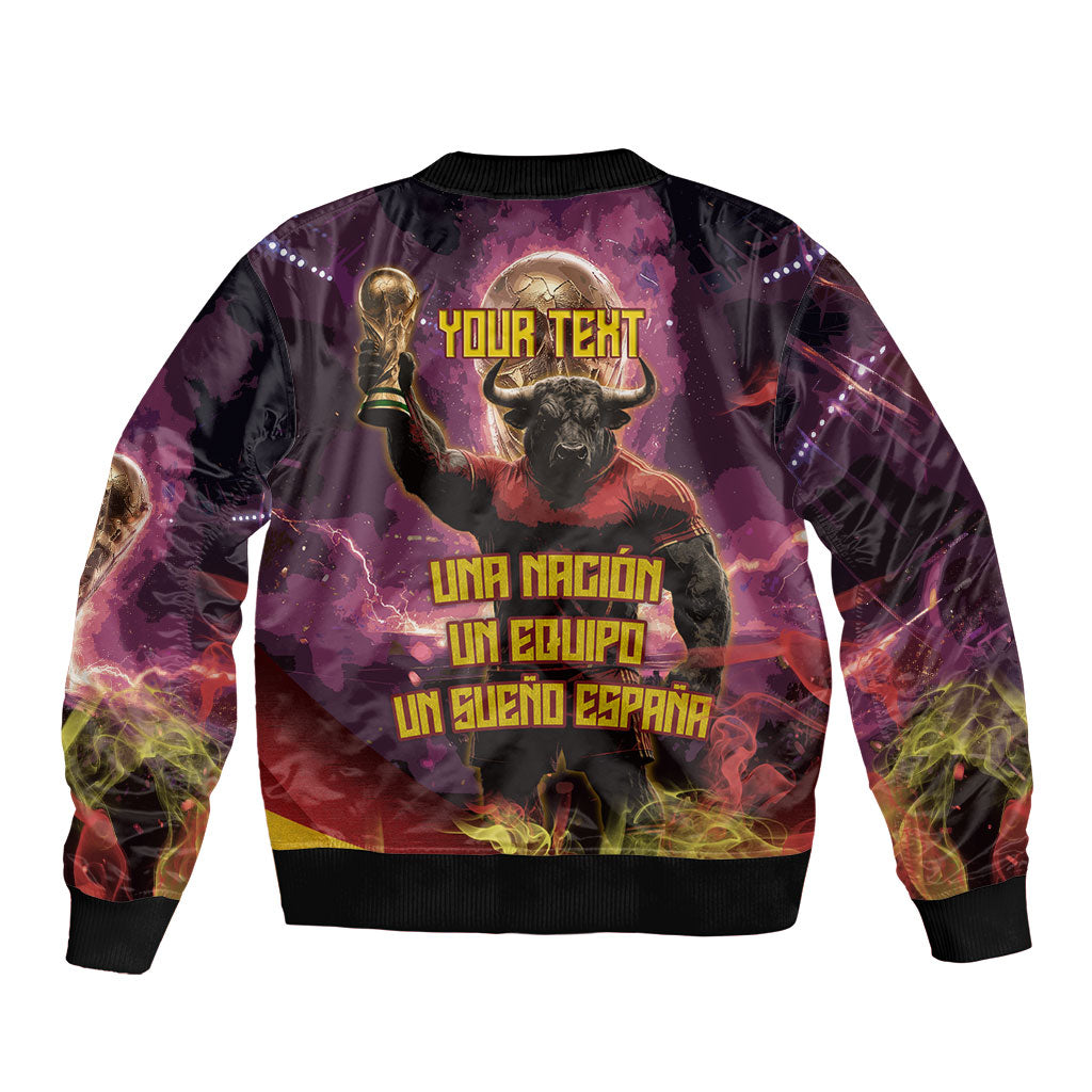 Personalized Spain Football Bull Mascot Bomber Jacket Spanish Pride Champion Trophy Graphic Art
