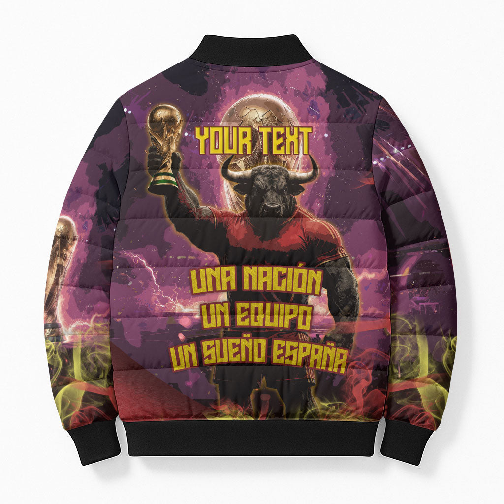 Personalized Spain Football Bull Mascot Bomber Puffer Jacket Spanish Pride Champion Trophy Graphic Art