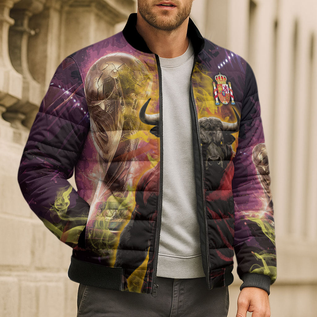 Personalized Spain Football Bull Mascot Bomber Puffer Jacket Spanish Pride Champion Trophy Graphic Art