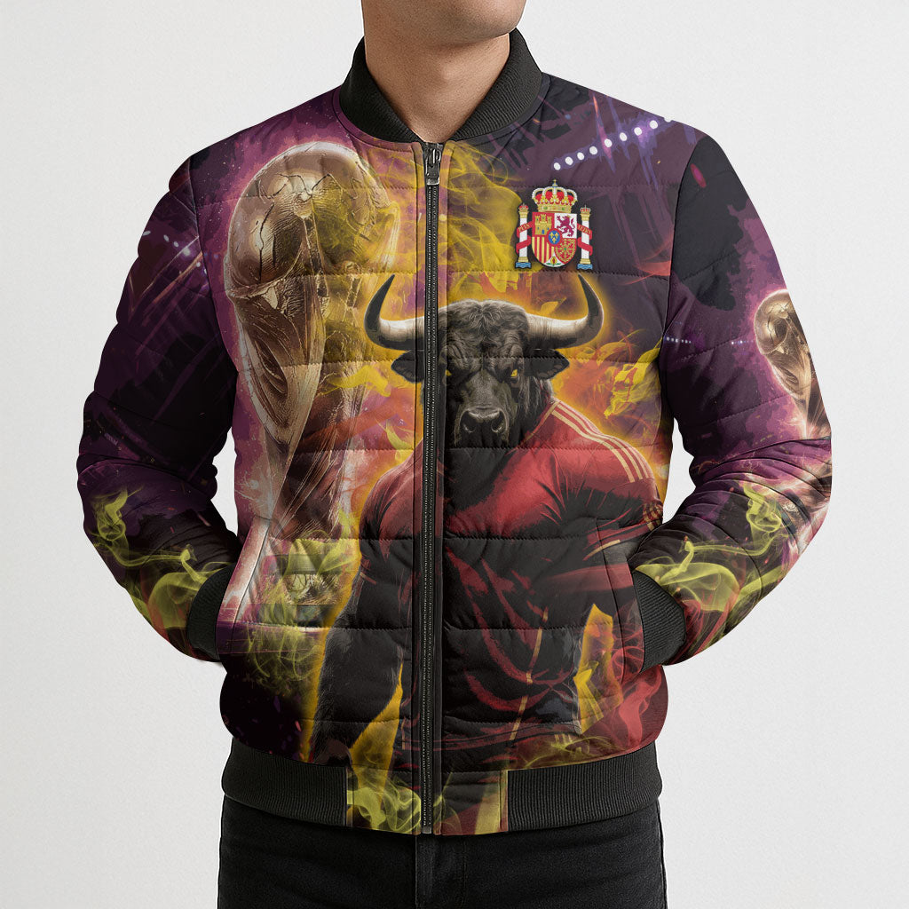 Personalized Spain Football Bull Mascot Bomber Puffer Jacket Spanish Pride Champion Trophy Graphic Art