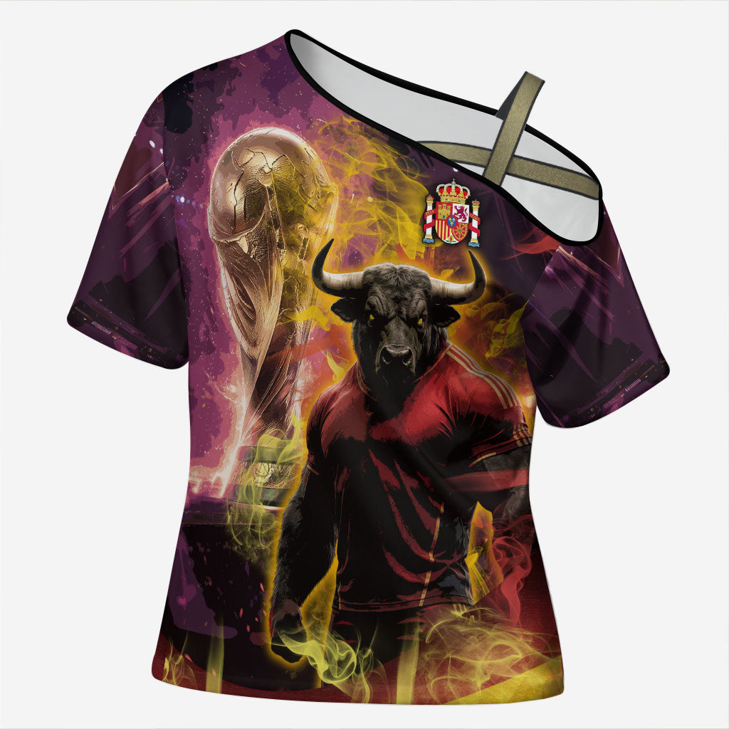 Personalized Spain Football Bull Mascot Cross Shoulder Shirt Spanish Pride Champion Trophy Graphic Art