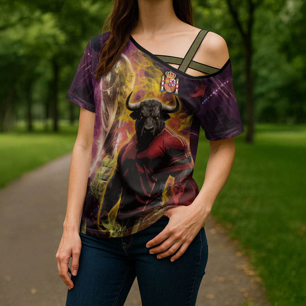 Personalized Spain Football Bull Mascot Cross Shoulder Shirt Spanish Pride Champion Trophy Graphic Art