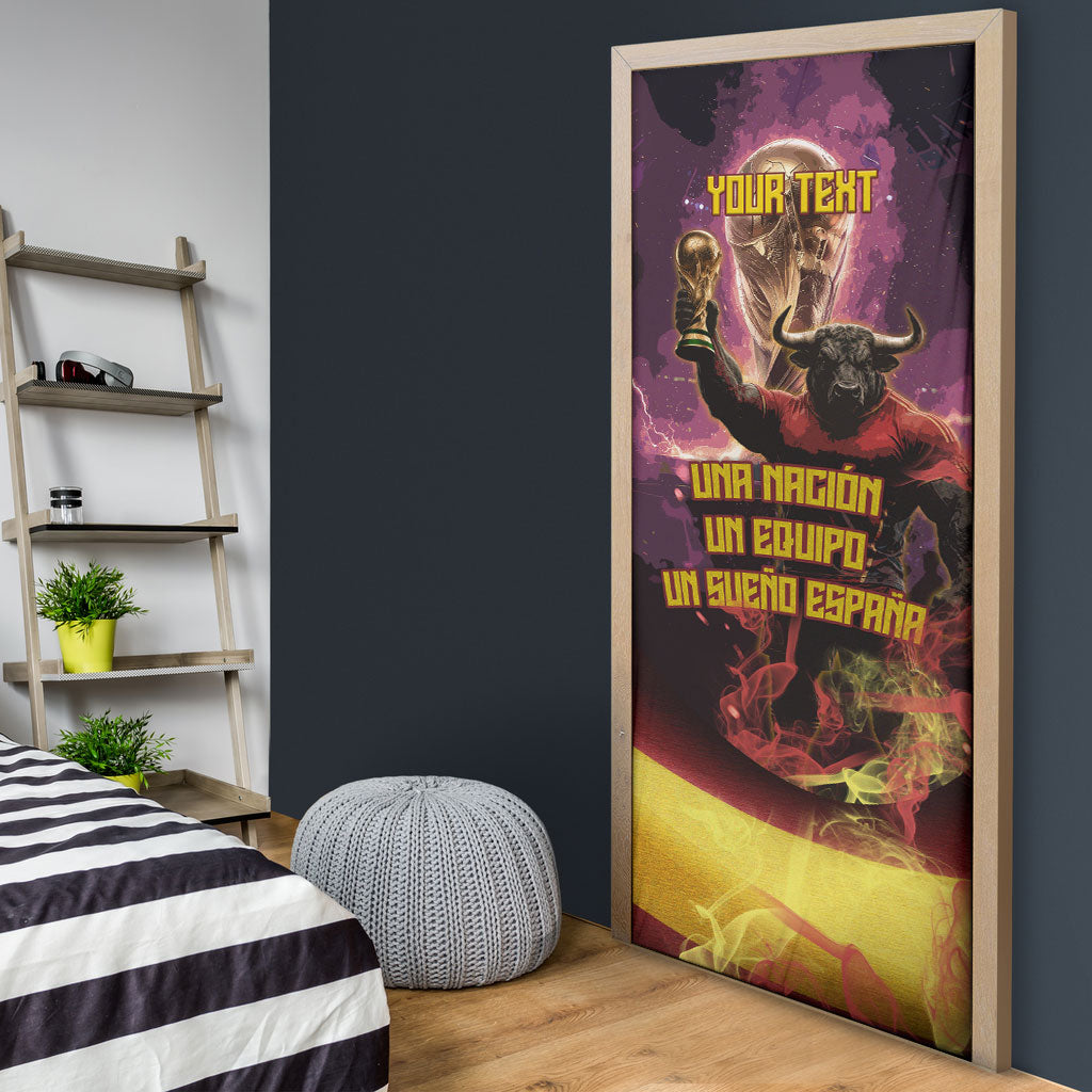 Personalized Spain Football Bull Mascot Door Cover Spanish Pride Champion Trophy Graphic Art