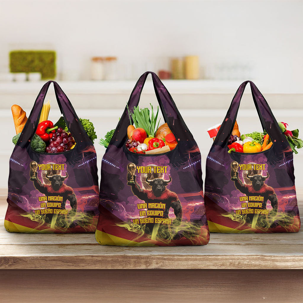 Personalized Spain Football Bull Mascot Grocery Bag Spanish Pride Champion Trophy Graphic Art