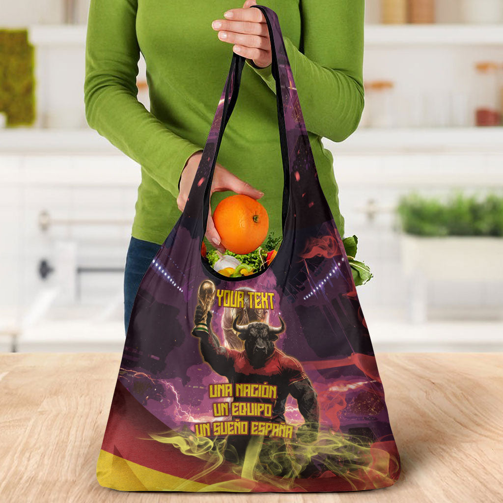 Personalized Spain Football Bull Mascot Grocery Bag Spanish Pride Champion Trophy Graphic Art