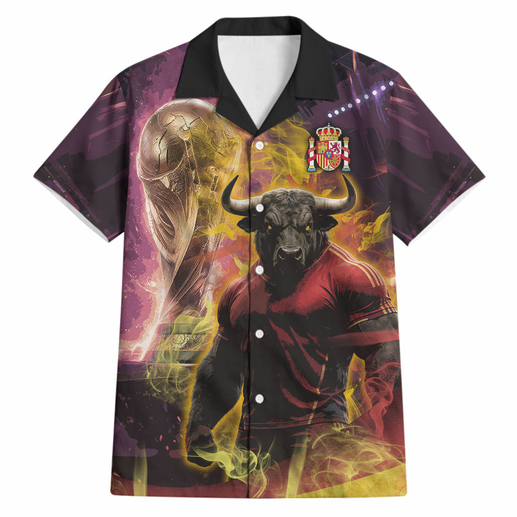 Personalized Spain Football Bull Mascot Hawaiian Shirt Spanish Pride Champion Trophy Graphic Art