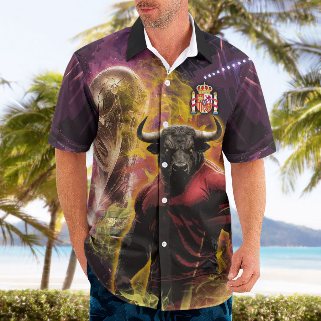 Personalized Spain Football Bull Mascot Hawaiian Shirt Spanish Pride Champion Trophy Graphic Art