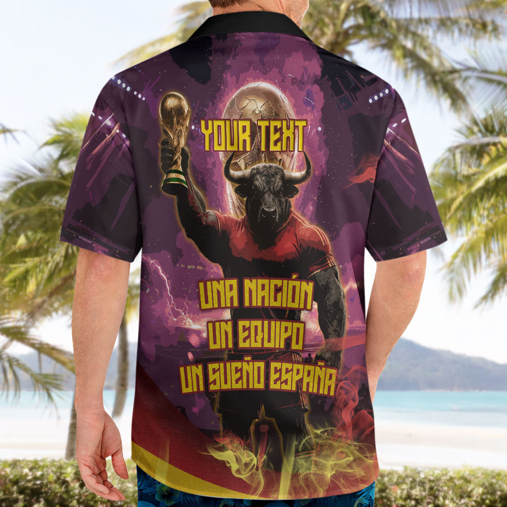 Personalized Spain Football Bull Mascot Hawaiian Shirt Spanish Pride Champion Trophy Graphic Art