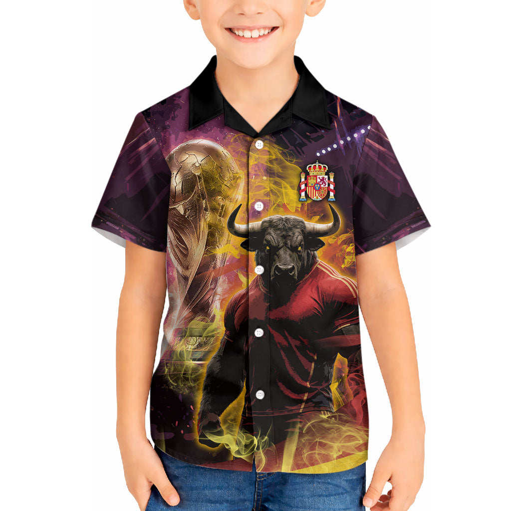 Personalized Spain Football Bull Mascot Hawaiian Shirt Spanish Pride Champion Trophy Graphic Art