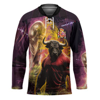 Personalized Spain Football Bull Mascot Hockey Jersey Spanish Pride Champion Trophy Graphic Art