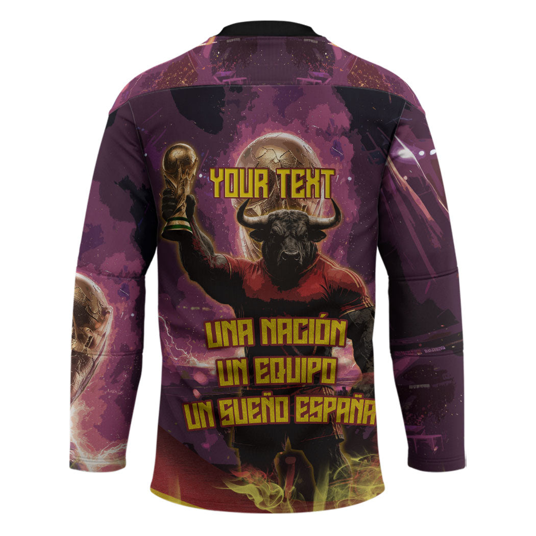 Personalized Spain Football Bull Mascot Hockey Jersey Spanish Pride Champion Trophy Graphic Art