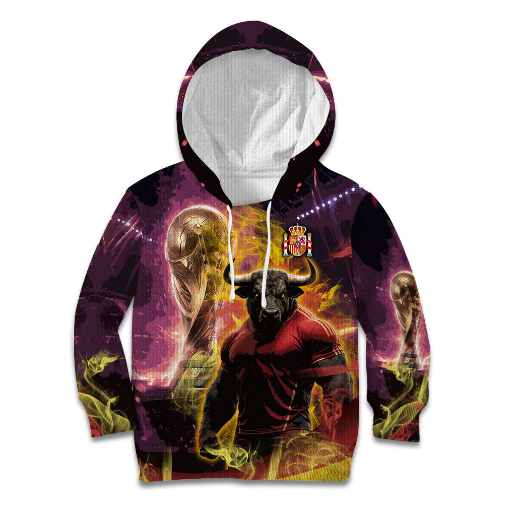 Personalized Spain Football Bull Mascot Kid Hoodie Spanish Pride Champion Trophy Graphic Art