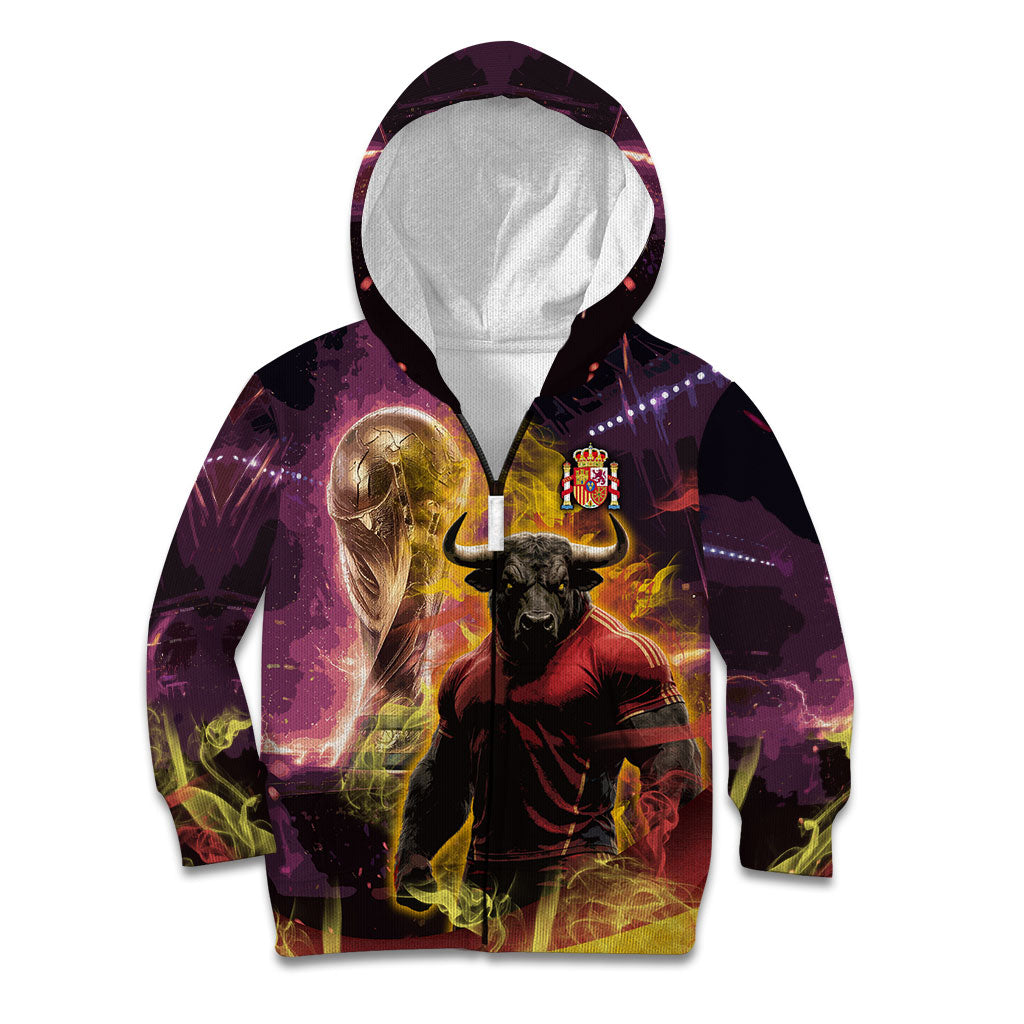 Personalized Spain Football Bull Mascot Kid Hoodie Spanish Pride Champion Trophy Graphic Art