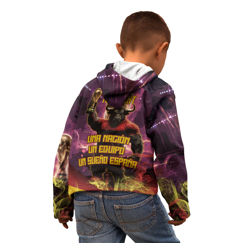 Personalized Spain Football Bull Mascot Kid Hoodie Spanish Pride Champion Trophy Graphic Art