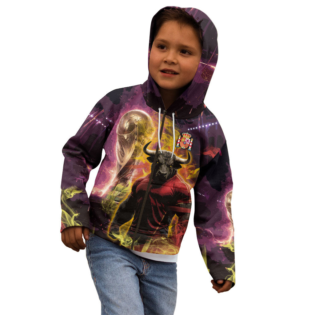 Personalized Spain Football Bull Mascot Kid Hoodie Spanish Pride Champion Trophy Graphic Art