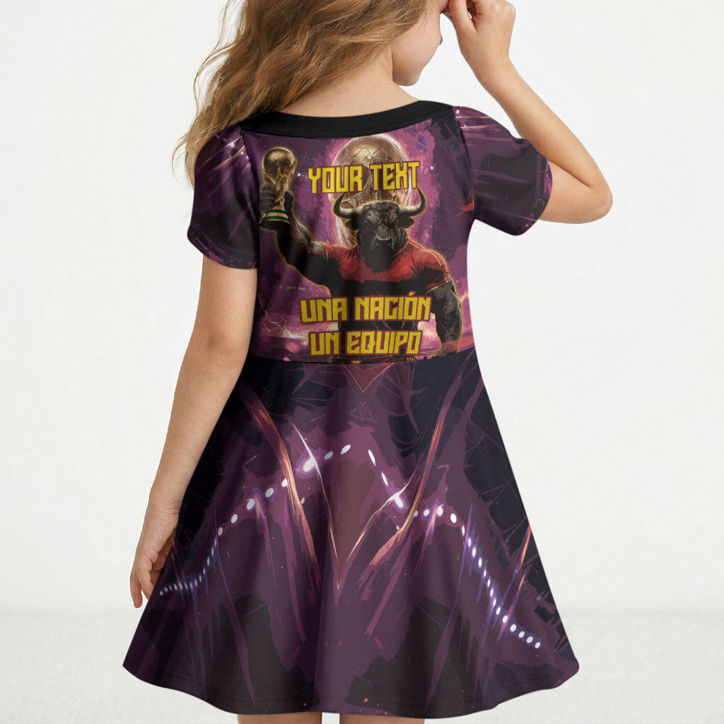 Personalized Spain Football Bull Mascot Kid Short Sleeve Dress Spanish Pride Champion Trophy Graphic Art