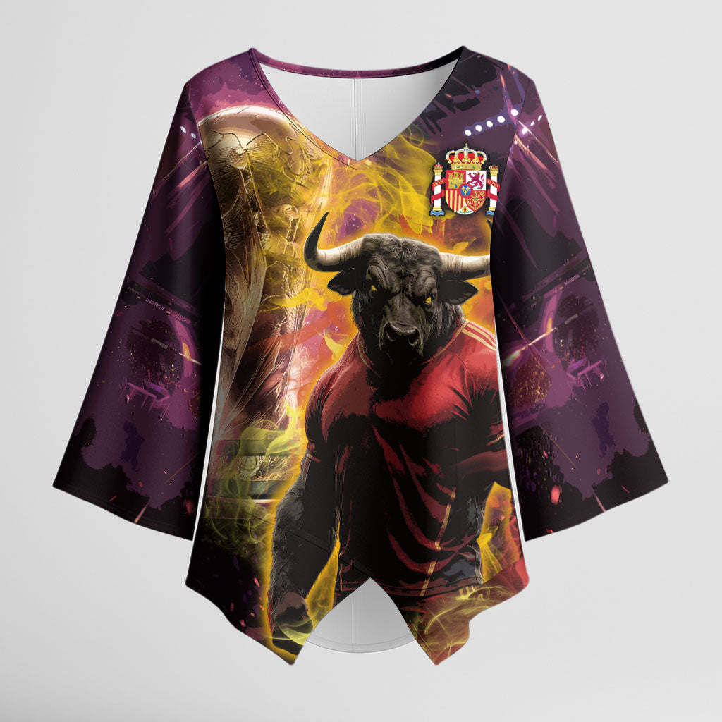 Personalized Spain Football Bull Mascot Kimono Sleeve Blouse Spanish Pride Champion Trophy Graphic Art
