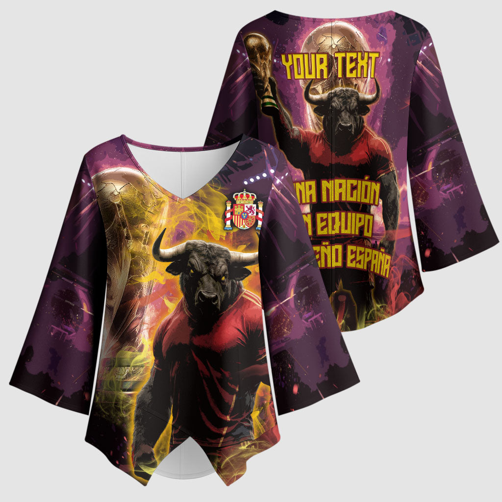 Personalized Spain Football Bull Mascot Kimono Sleeve Blouse Spanish Pride Champion Trophy Graphic Art