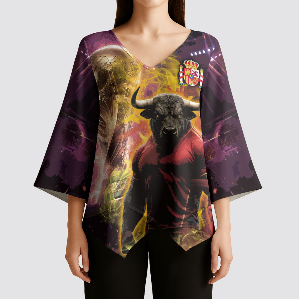 Personalized Spain Football Bull Mascot Kimono Sleeve Blouse Spanish Pride Champion Trophy Graphic Art