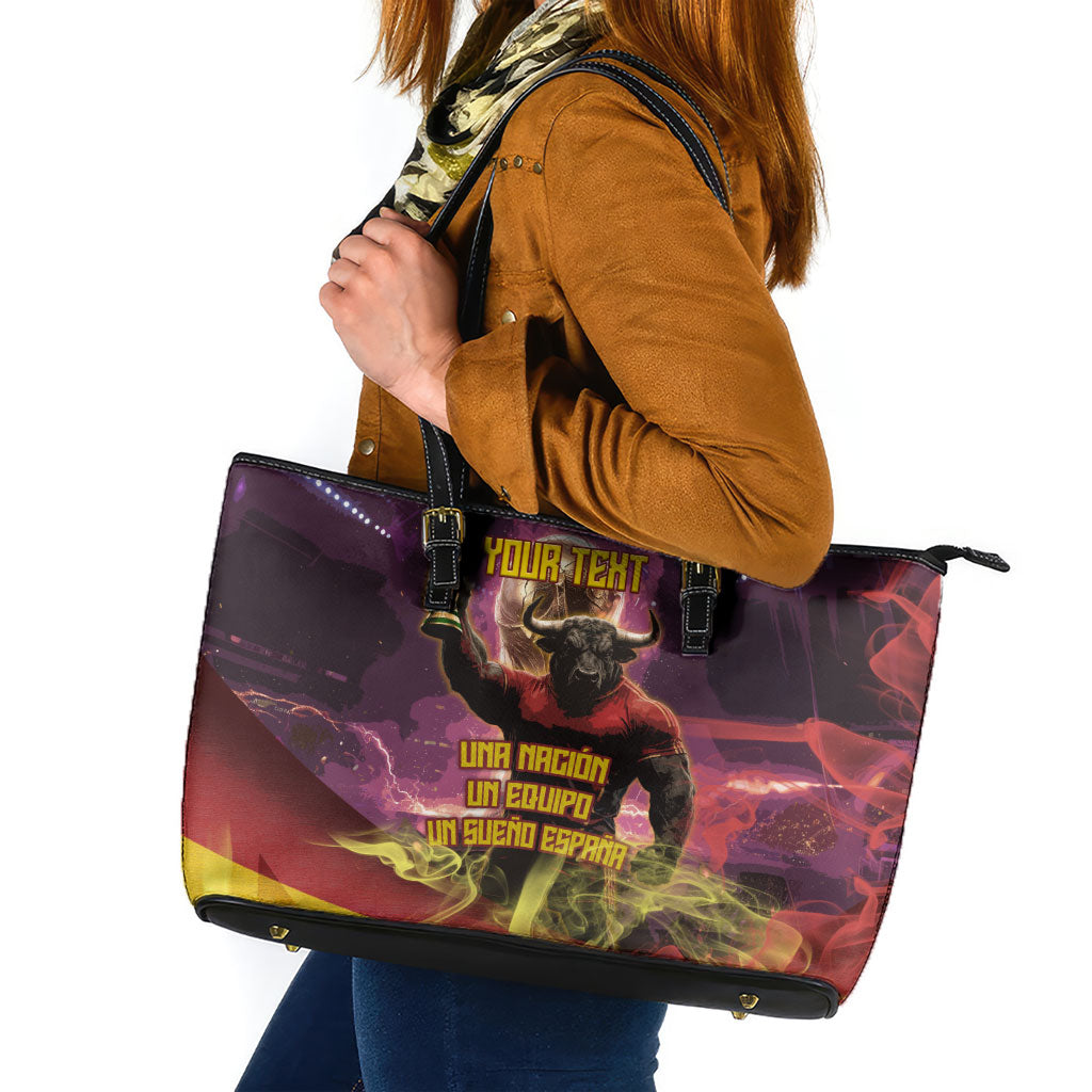 Personalized Spain Football Bull Mascot Leather Tote Bag Spanish Pride Champion Trophy Graphic Art