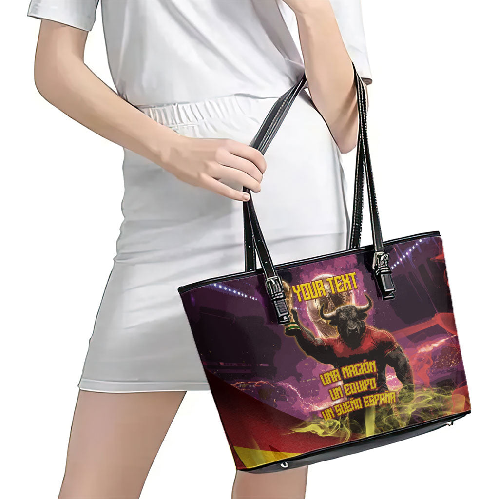 Personalized Spain Football Bull Mascot Leather Tote Bag Spanish Pride Champion Trophy Graphic Art
