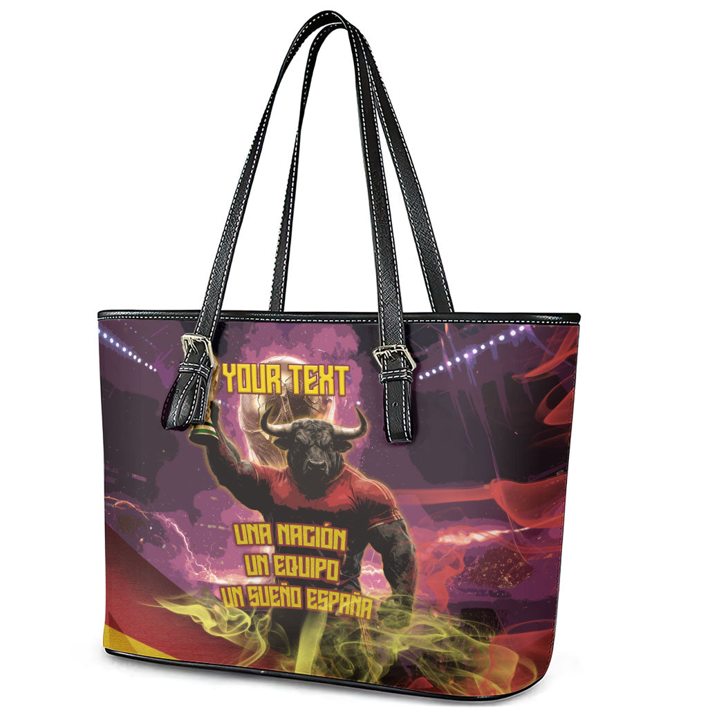 Personalized Spain Football Bull Mascot Leather Tote Bag Spanish Pride Champion Trophy Graphic Art