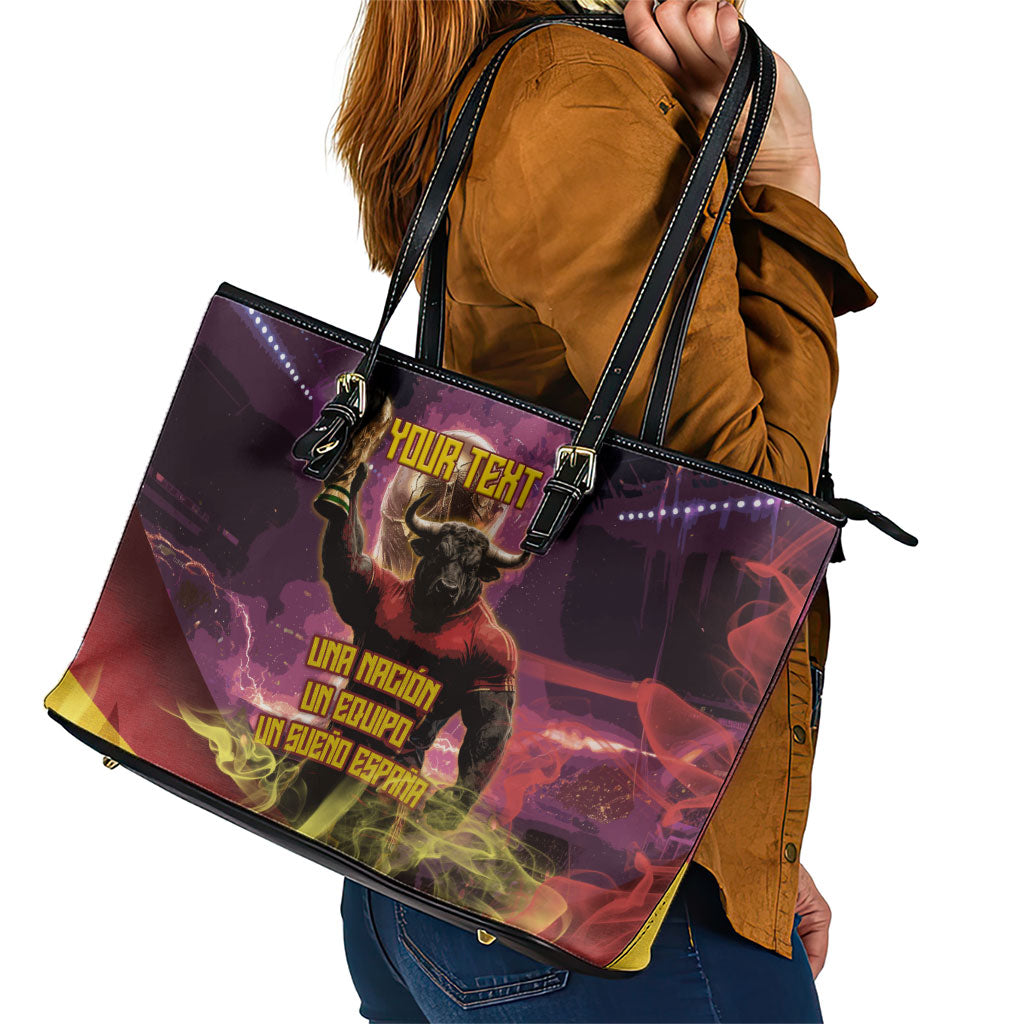 Personalized Spain Football Bull Mascot Leather Tote Bag Spanish Pride Champion Trophy Graphic Art