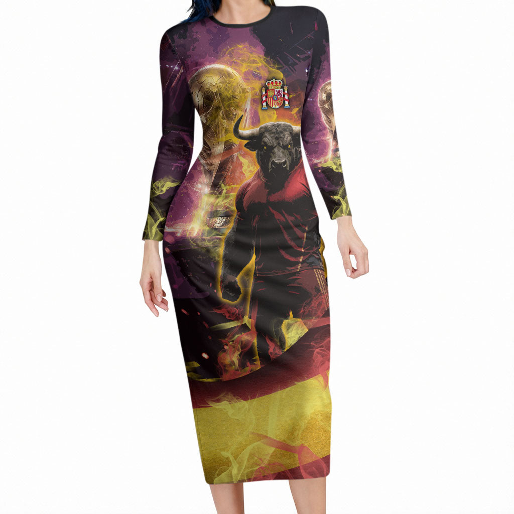 Personalized Spain Football Bull Mascot Long Sleeve Bodycon Dress Spanish Pride Champion Trophy Graphic Art