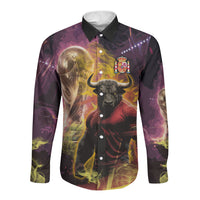 Personalized Spain Football Bull Mascot Long Sleeve Button Shirt Spanish Pride Champion Trophy Graphic Art