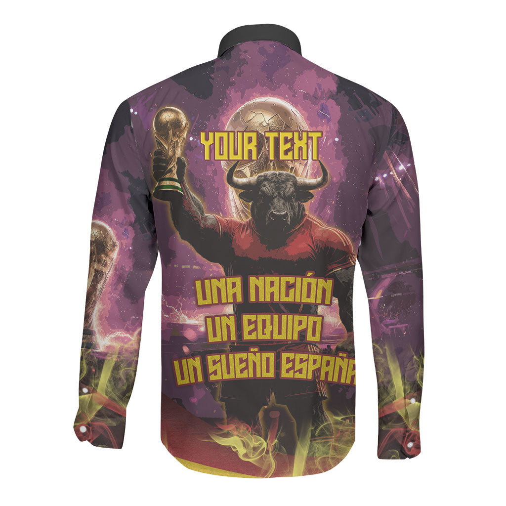 Personalized Spain Football Bull Mascot Long Sleeve Button Shirt Spanish Pride Champion Trophy Graphic Art