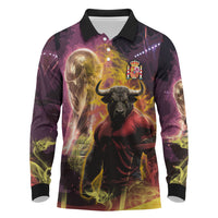 Personalized Spain Football Bull Mascot Long Sleeve Polo Shirt Spanish Pride Champion Trophy Graphic Art