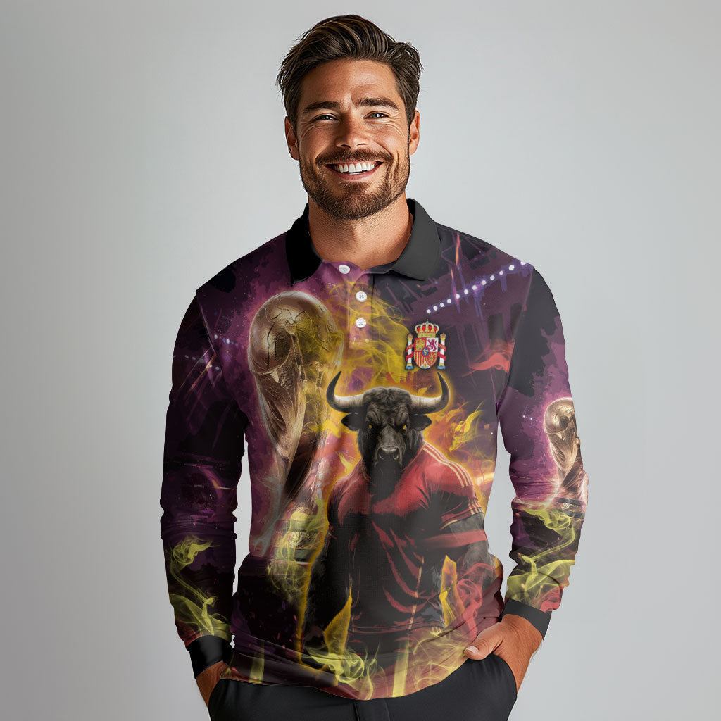 Personalized Spain Football Bull Mascot Long Sleeve Polo Shirt Spanish Pride Champion Trophy Graphic Art