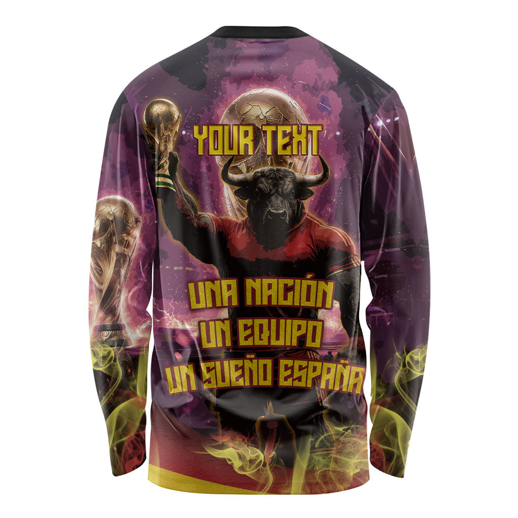Personalized Spain Football Bull Mascot Long Sleeve Shirt Spanish Pride Champion Trophy Graphic Art