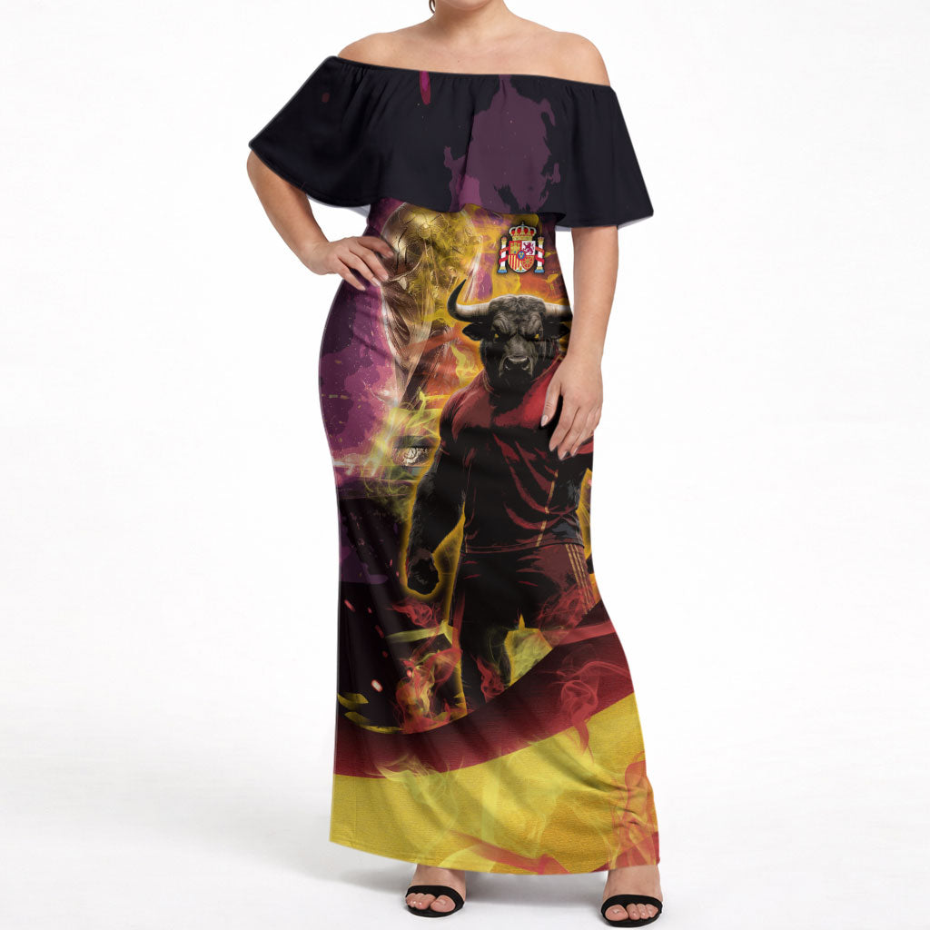 Personalized Spain Football Bull Mascot Off Shoulder Maxi Dress Spanish Pride Champion Trophy Graphic Art