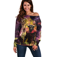 Personalized Spain Football Bull Mascot Off Shoulder Sweater Spanish Pride Champion Trophy Graphic Art