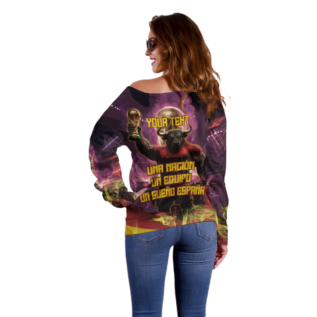 Personalized Spain Football Bull Mascot Off Shoulder Sweater Spanish Pride Champion Trophy Graphic Art