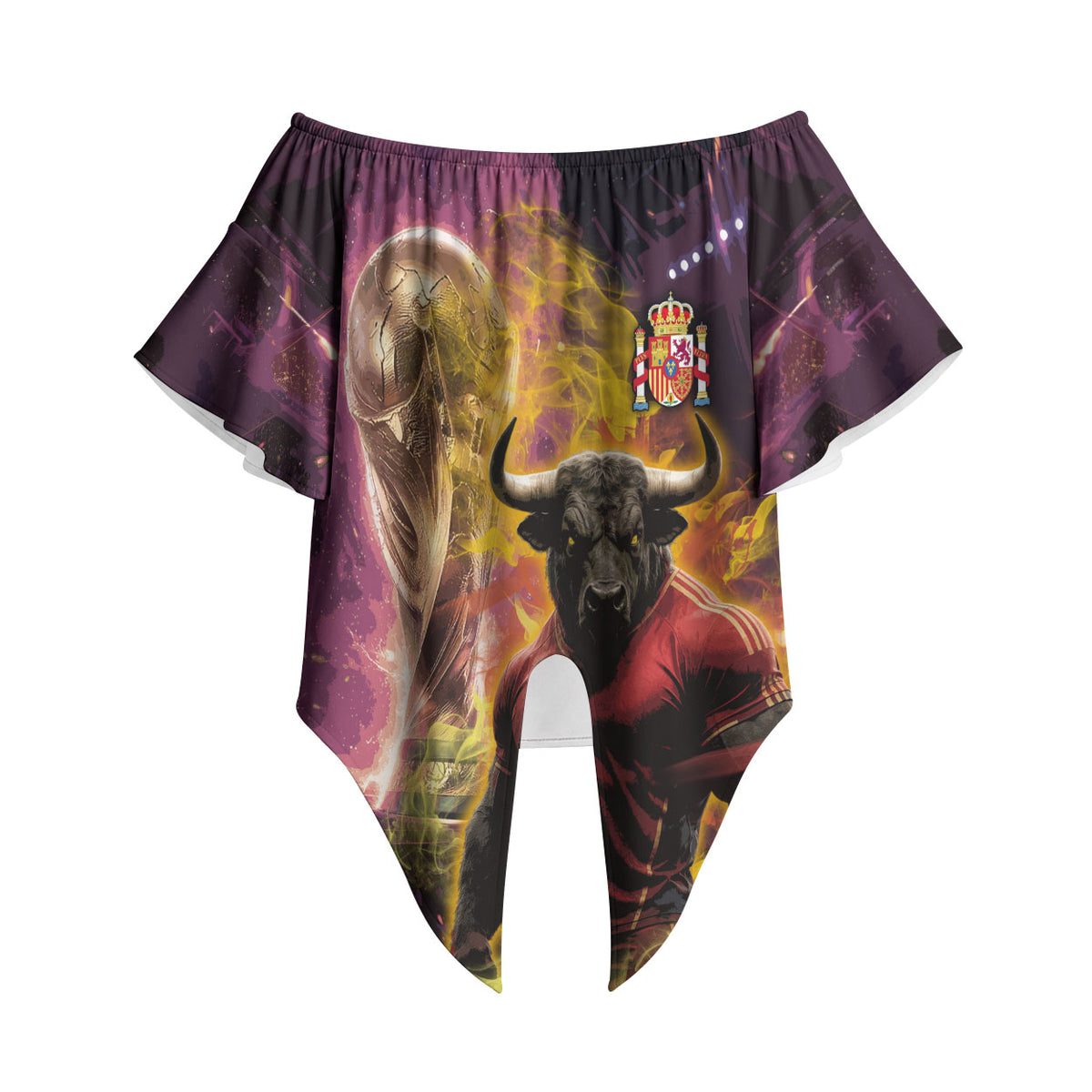 Personalized Spain Football Bull Mascot Off Shoulder Wrap Waist Top Spanish Pride Champion Trophy Graphic Art